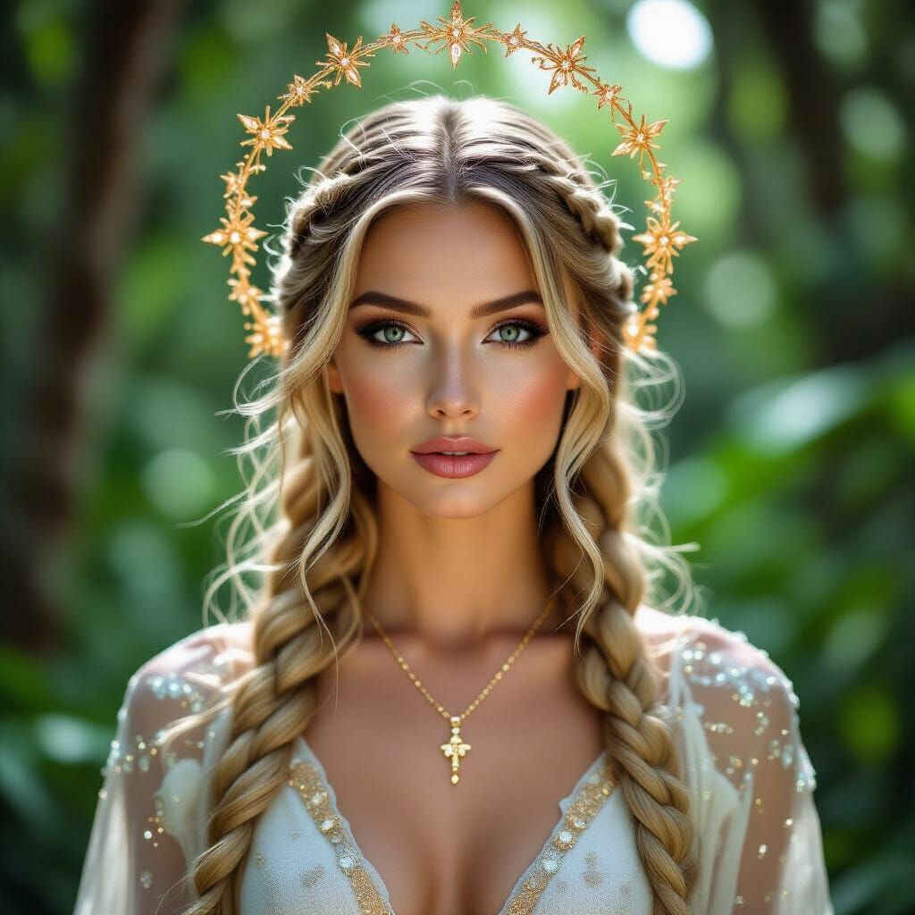Priestess in Mystical Forest with Gold Halo and Glittering S...