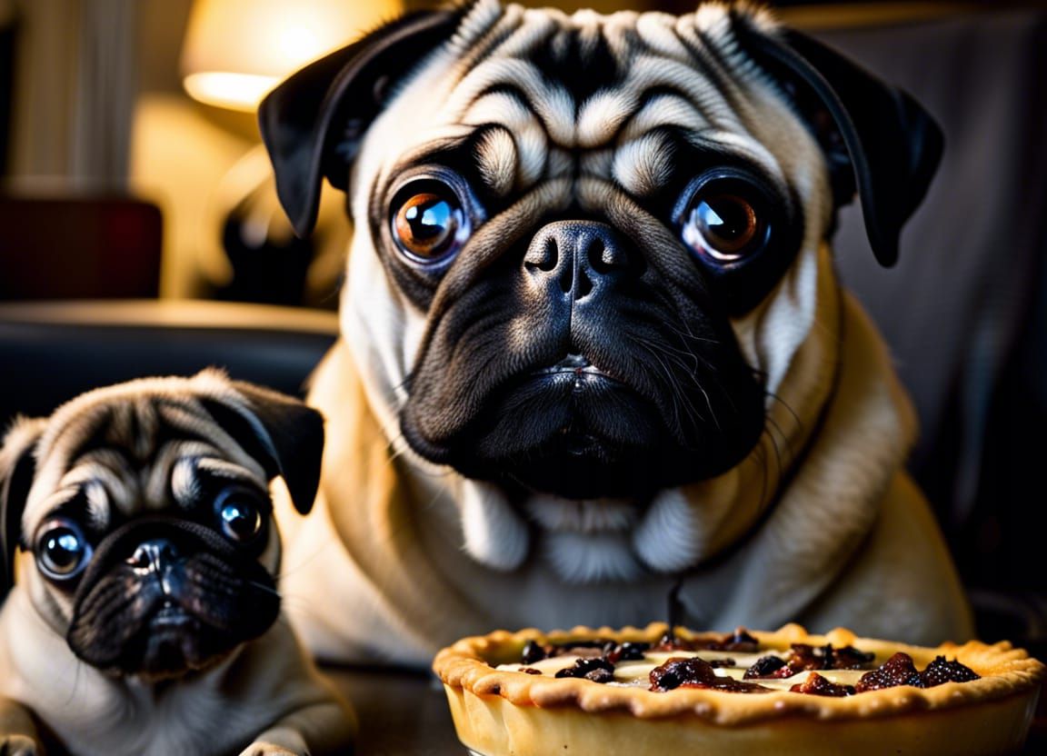 Pug Dogs Sharing Pie, Close-up Portrait
