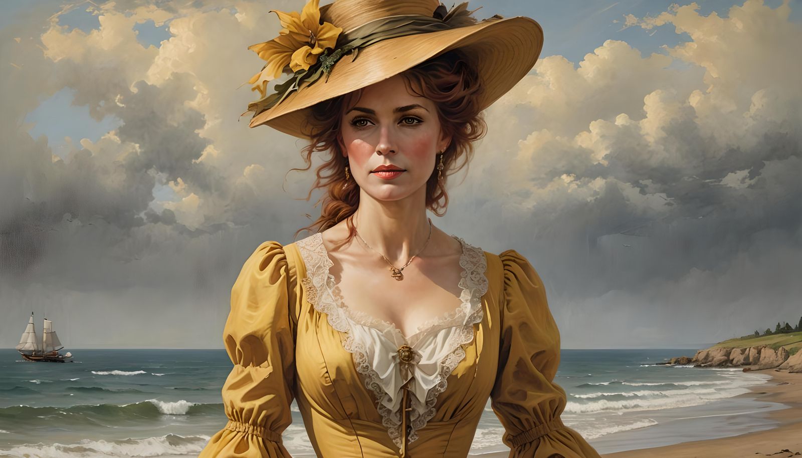 Victorian Woman in Seaside Oil Painting
