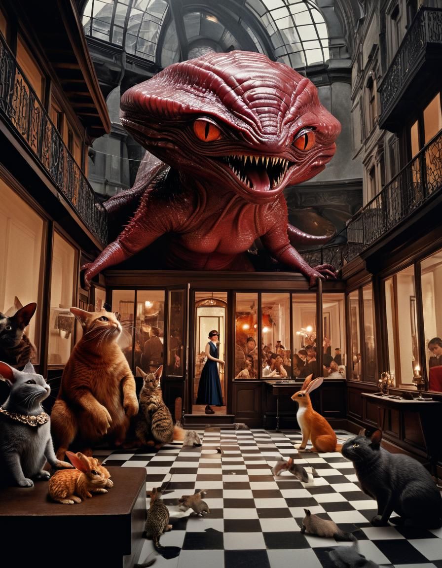 Hyperrealistic Party: Aliens and Humans in Elegant Home