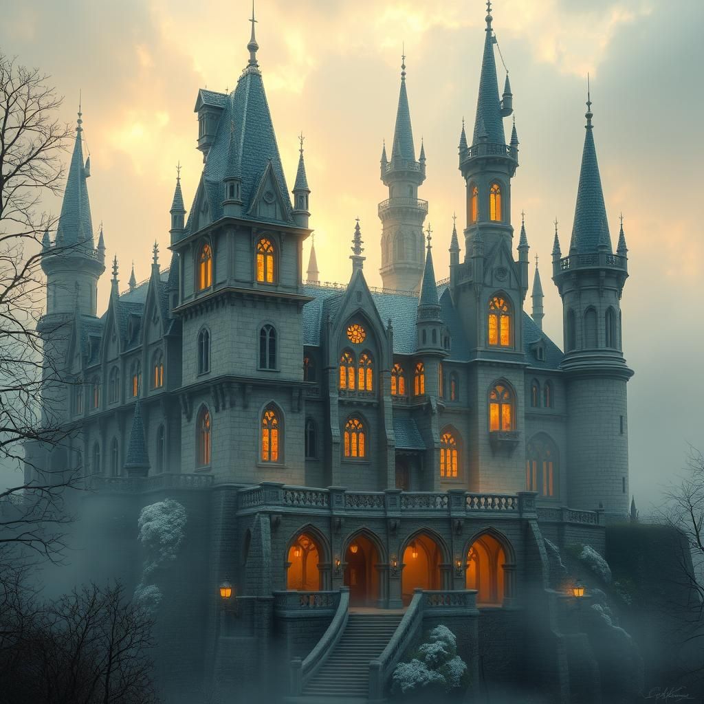 Misty Medieval Castle with Ethereal Aura