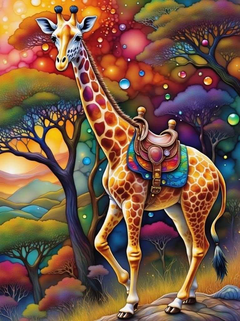 Giraffe in Savannah, Naive Art Style