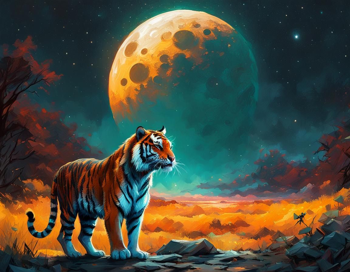 Tiger and Luminous Moon in Colorful Starry Night
