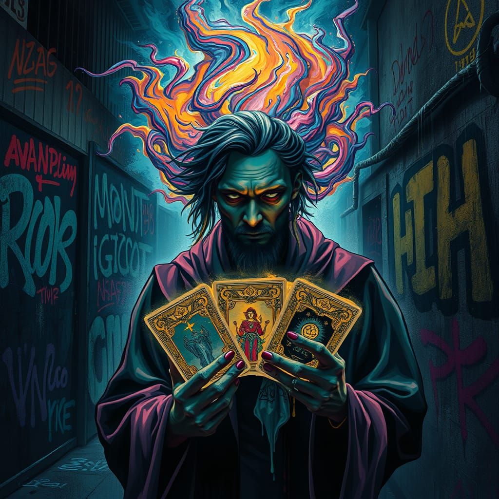 Mystical Tarot Reader in Gritty Graffiti Art Style