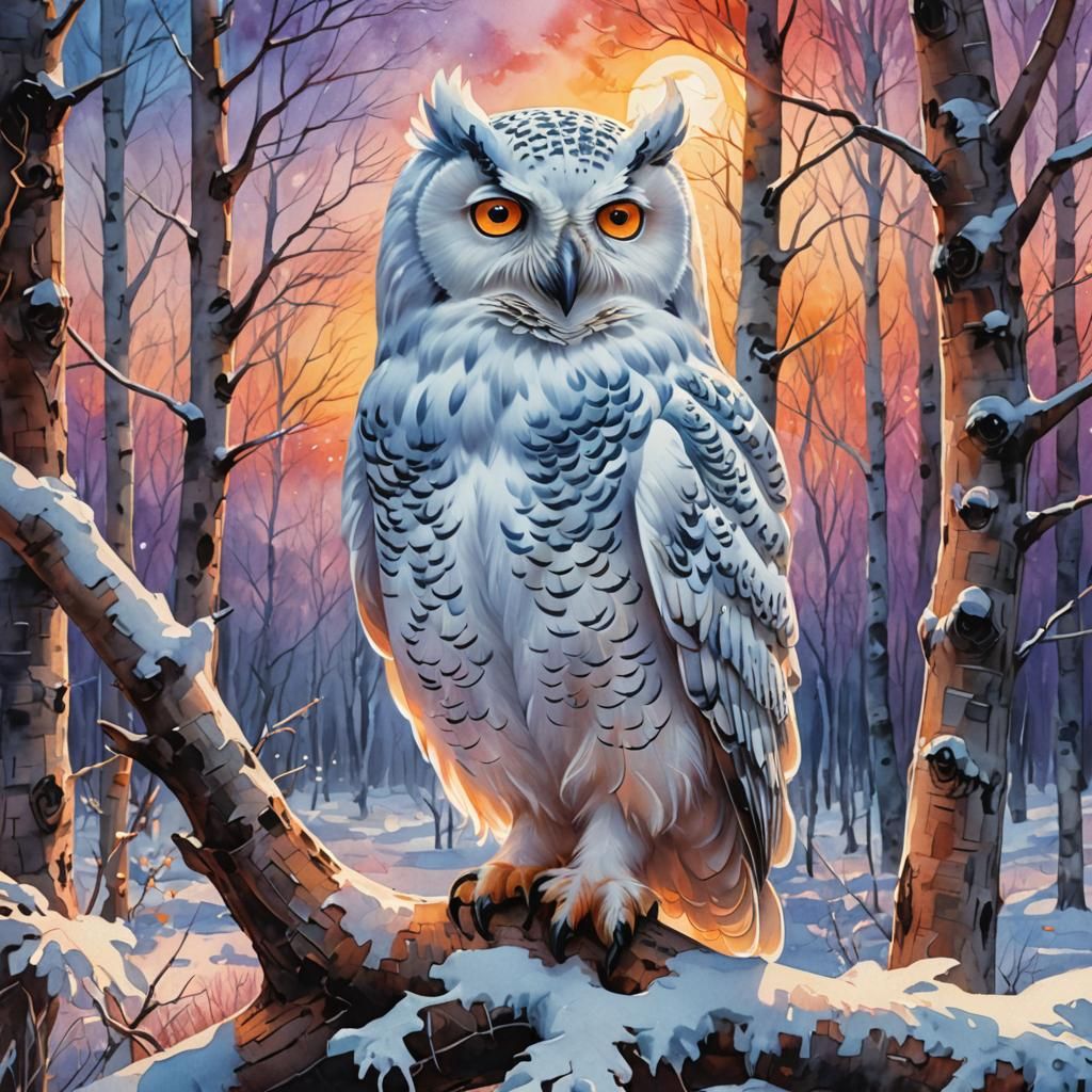 Snowy Owl at Sunset in Watercolor Style