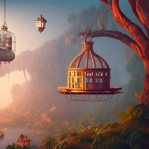 Fantastical Swinging Birdcage in Detailed Matte Painting