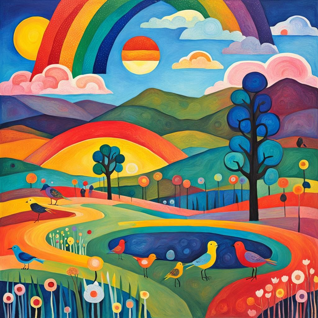 Rainbow Landscape in Folk Art Abstract Style