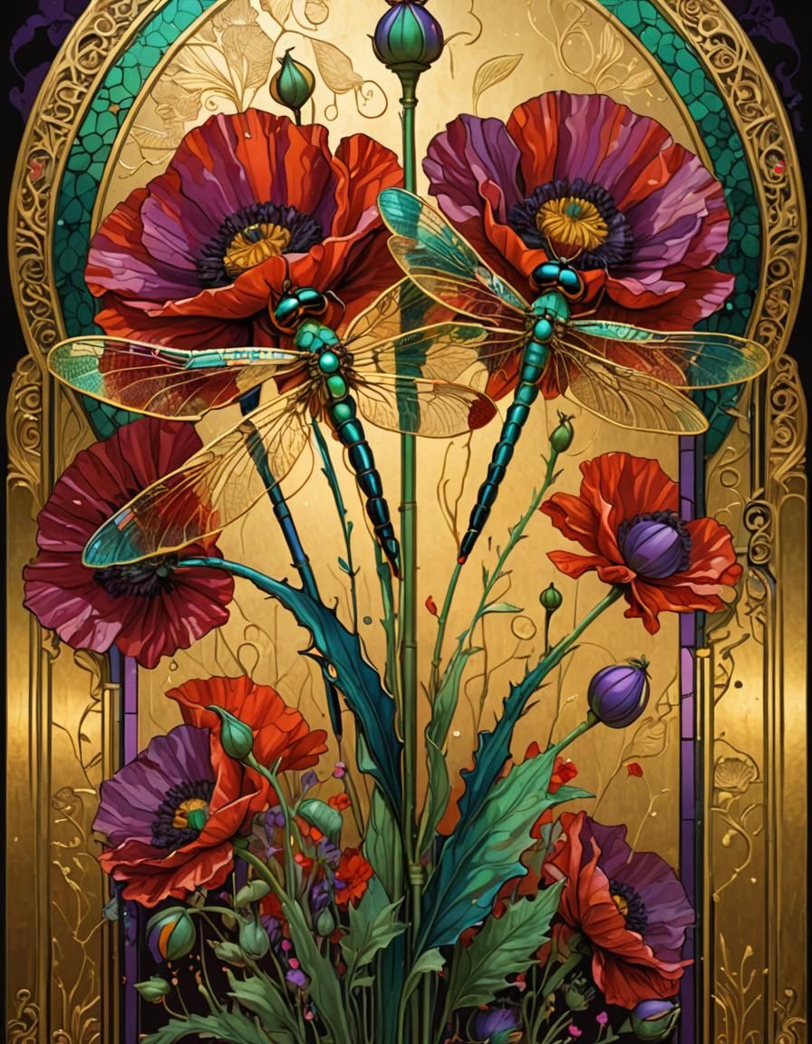 Dragonflies and Poppy Flowers