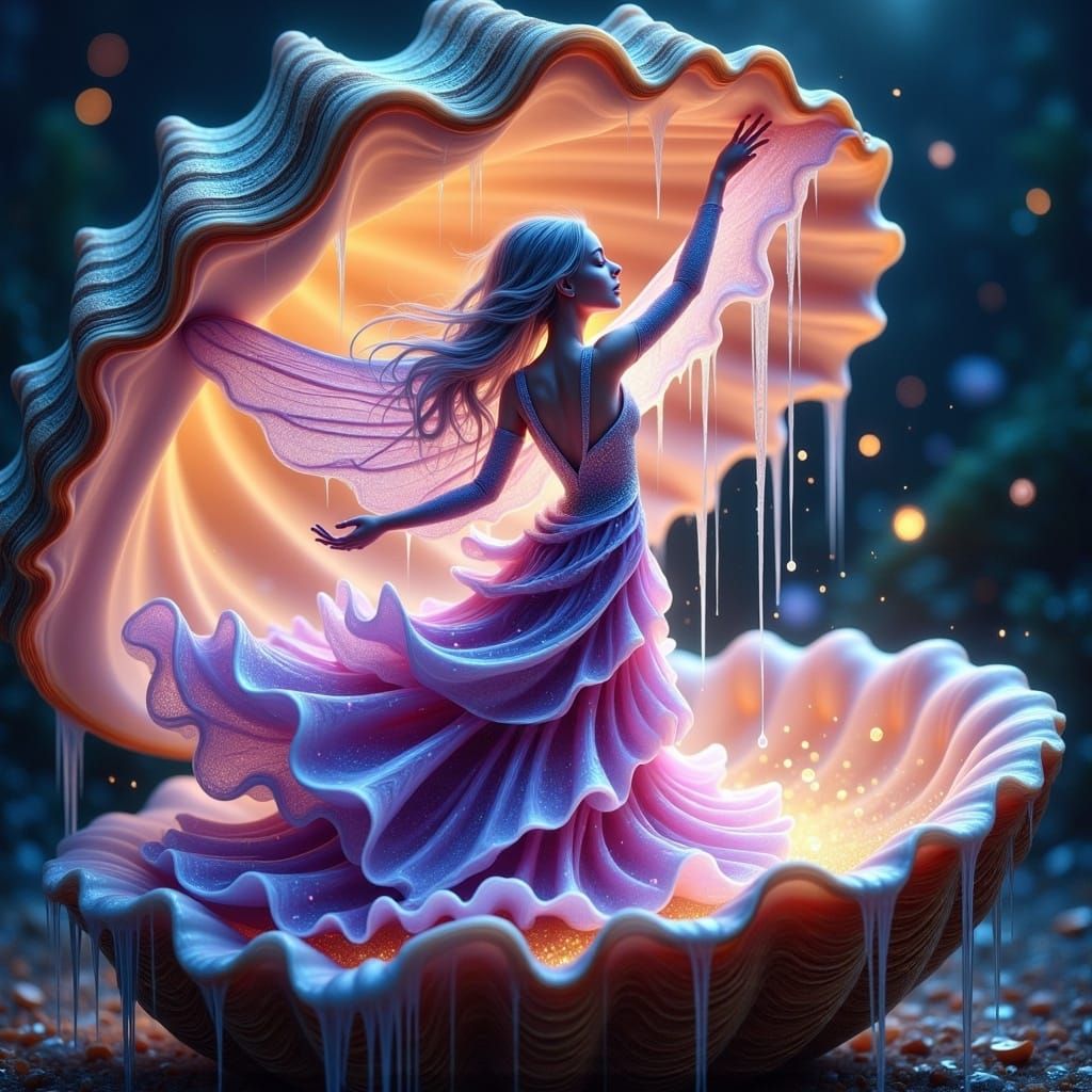 Whimsical Fairy Dances Within a Pearlescent Seashell