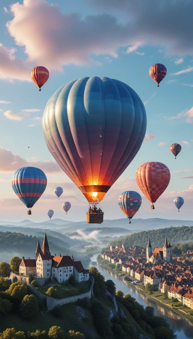 Surreal Cityscape with Vibrant Hot Air Balloons