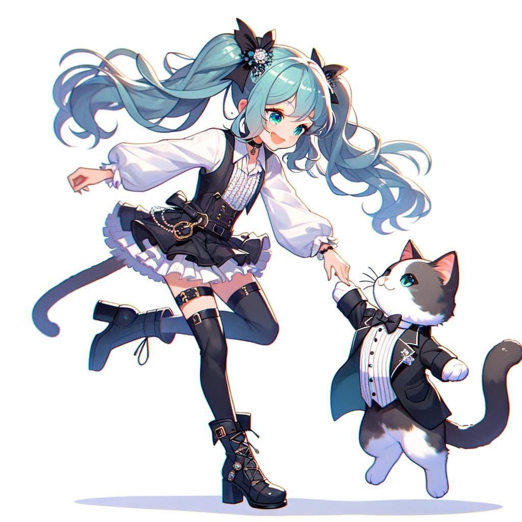 Kawaii Girl Twins Dance with Feline Friend in Tuxedo