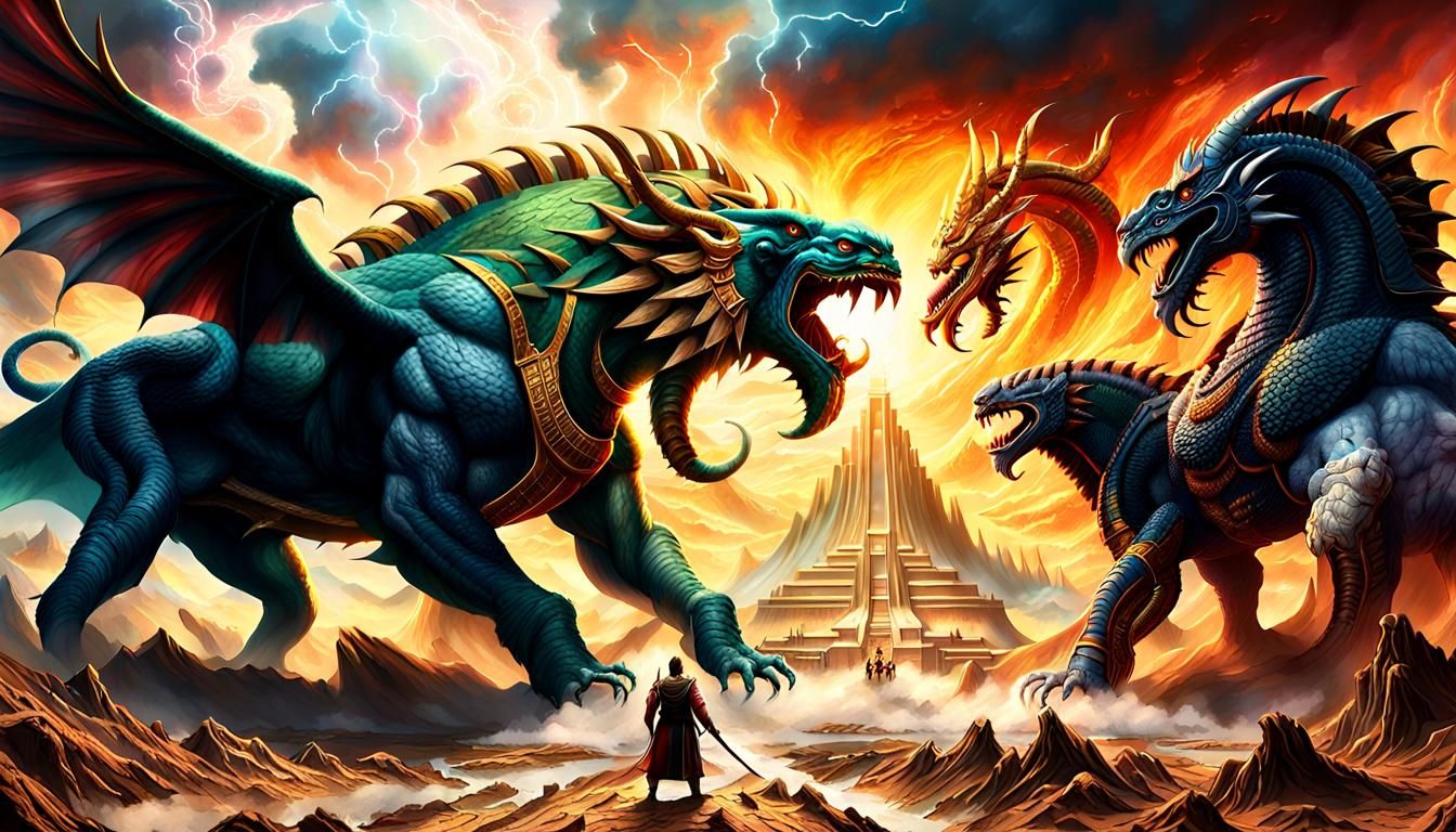 Epic Battle Between Gods in Mythical Landscape