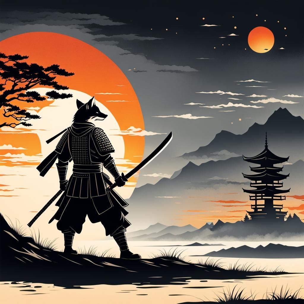 Fox Samurai Warrior Silhouette with Katana