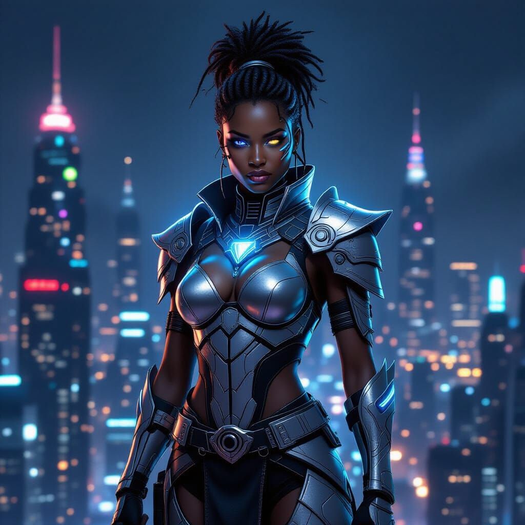 Afrofuturistic Warrior in Silver Armor on Cyberpunk Cityscap...