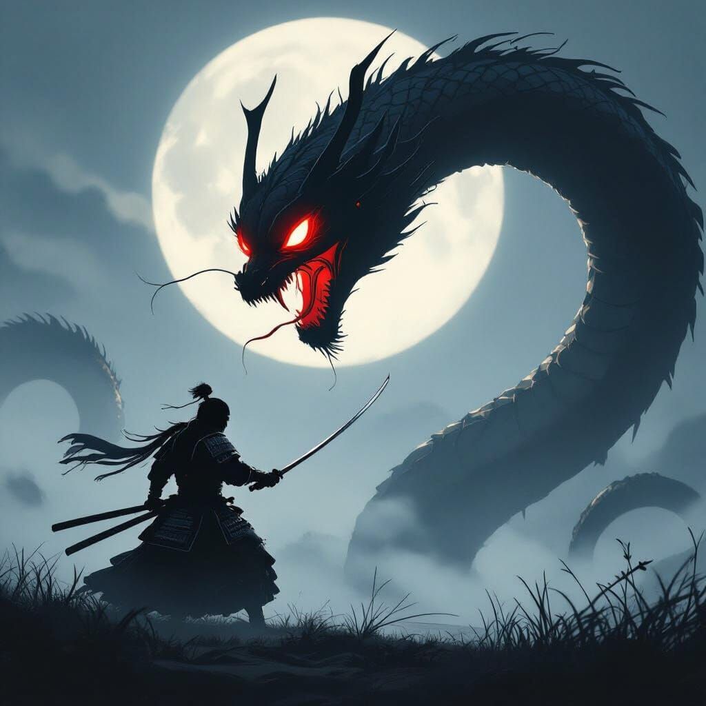 Samurai Warrior Battles Giant Serpent in Misty Moonlight