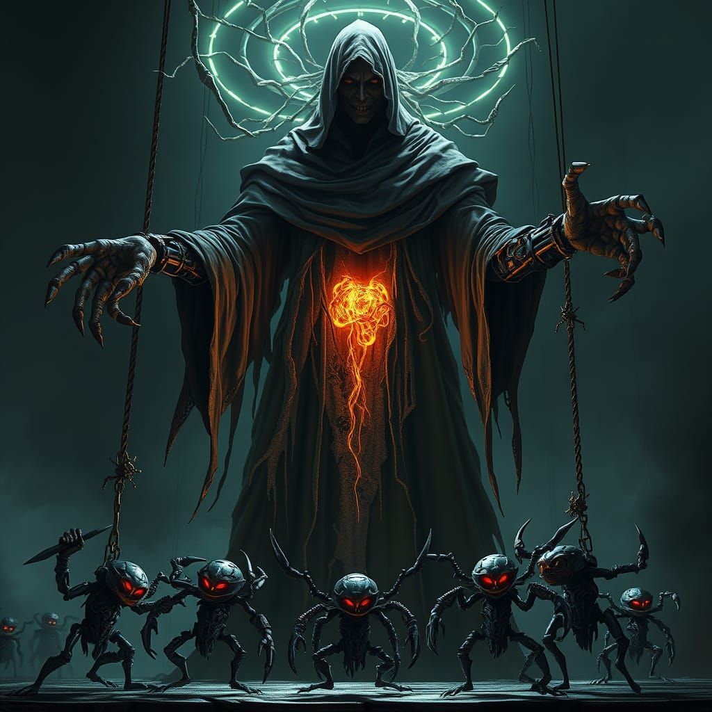 Dark Fantasy Puppeteer in Arcane Robes, Master of Twisted Me...