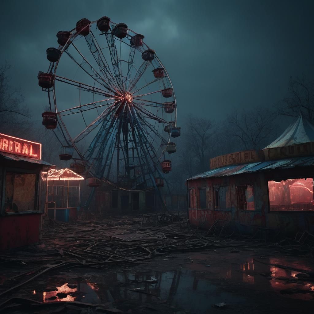 Eerie Dystopian Carnival Fun House in Ruins