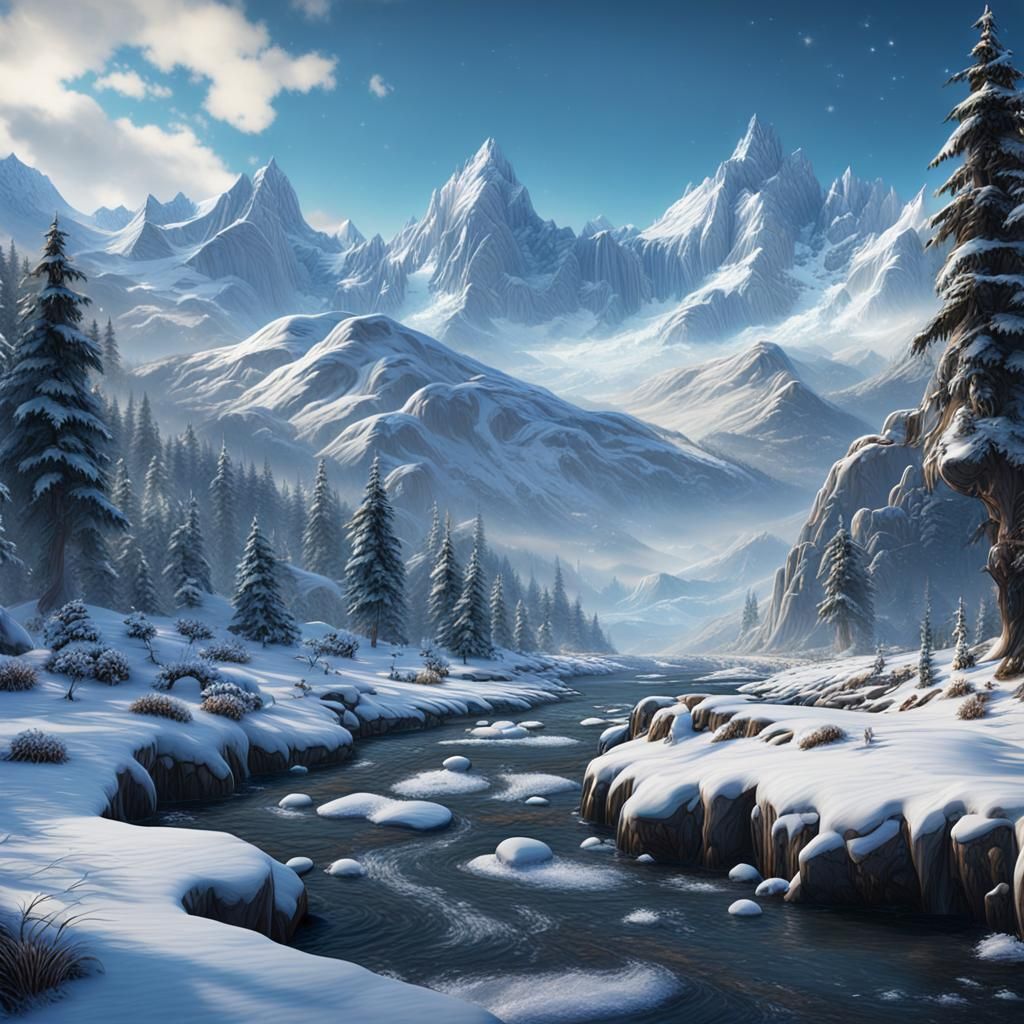 Icy Mountain Stream in Winter: Detailed Matte Painting