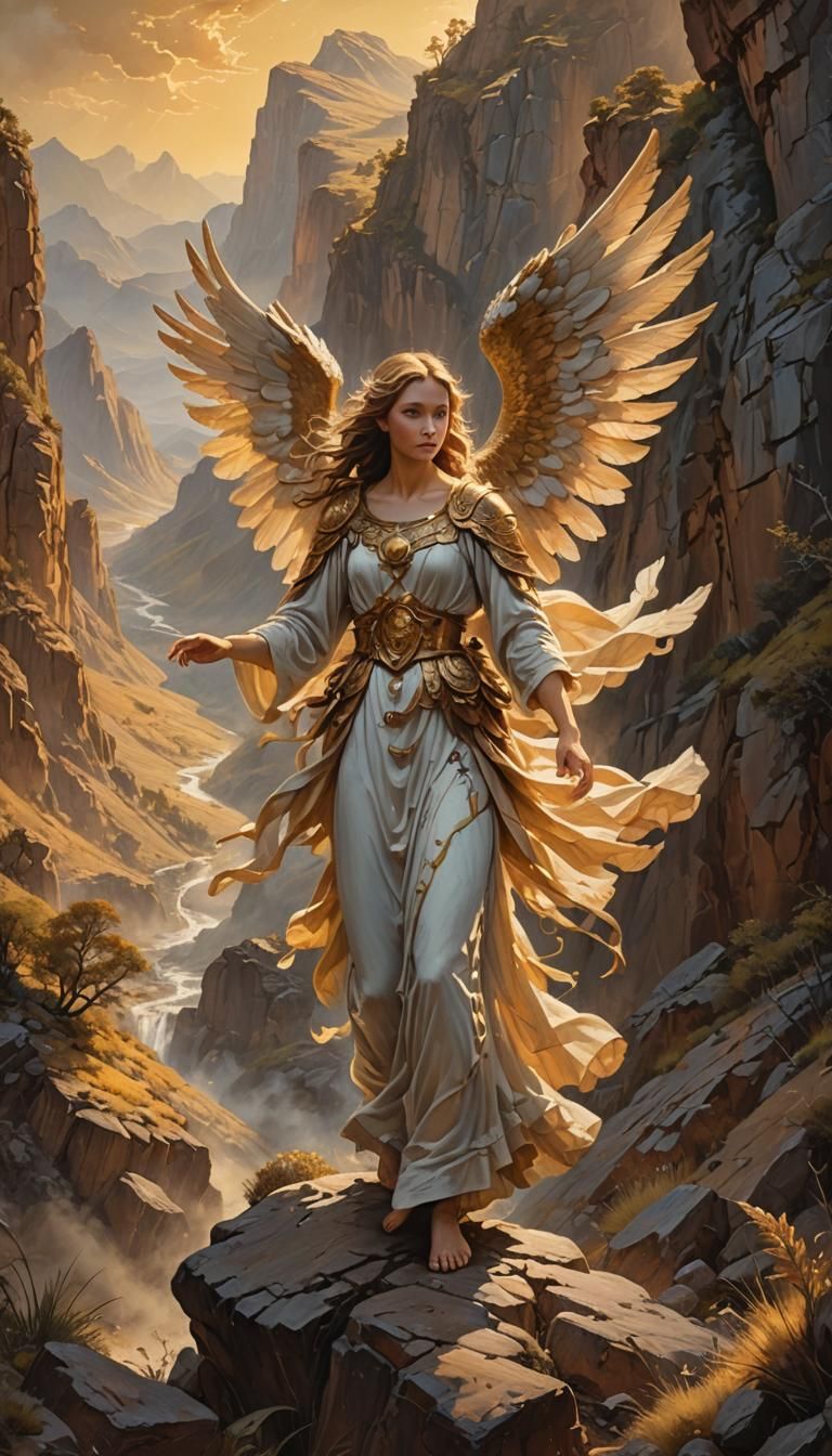 Angel Guides a Figure Through Mystical Landscape