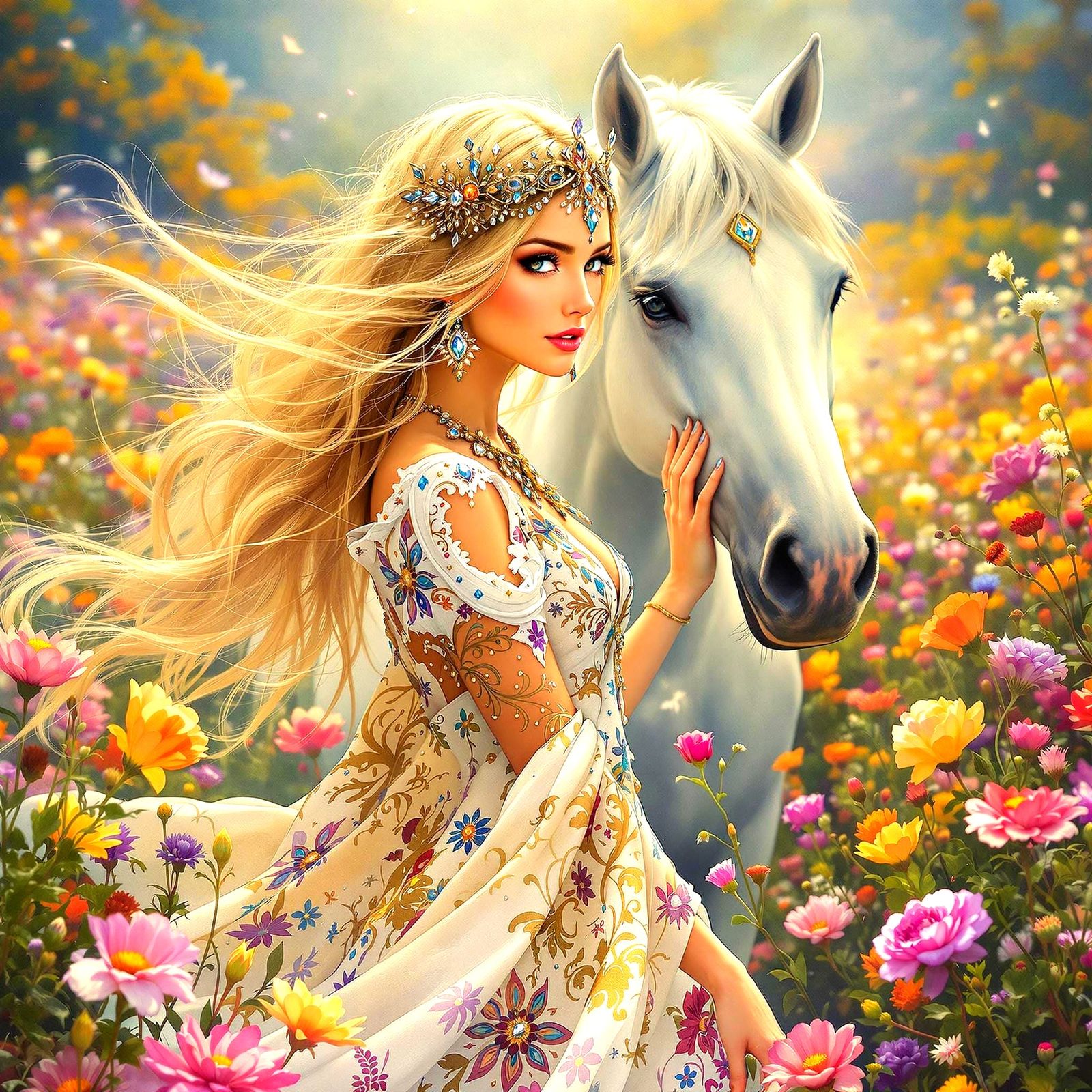 Bohemian Queen with White Horse in Lush Field