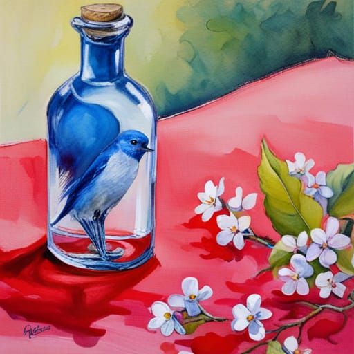 Bluebird Bottle on Red Tablecloth Still Life