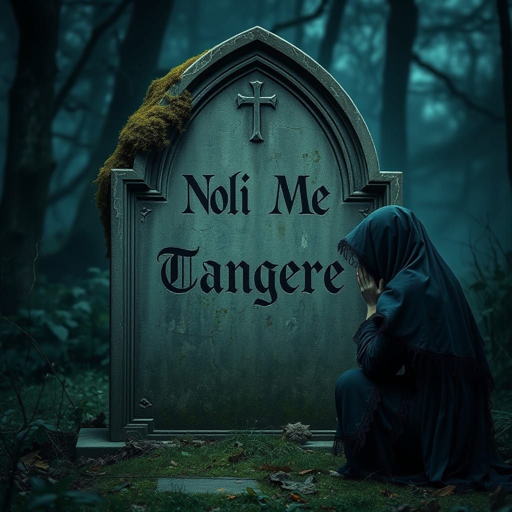 Gothic Mourning Widow Beseeches Faded Gravestone in Dark Fan...