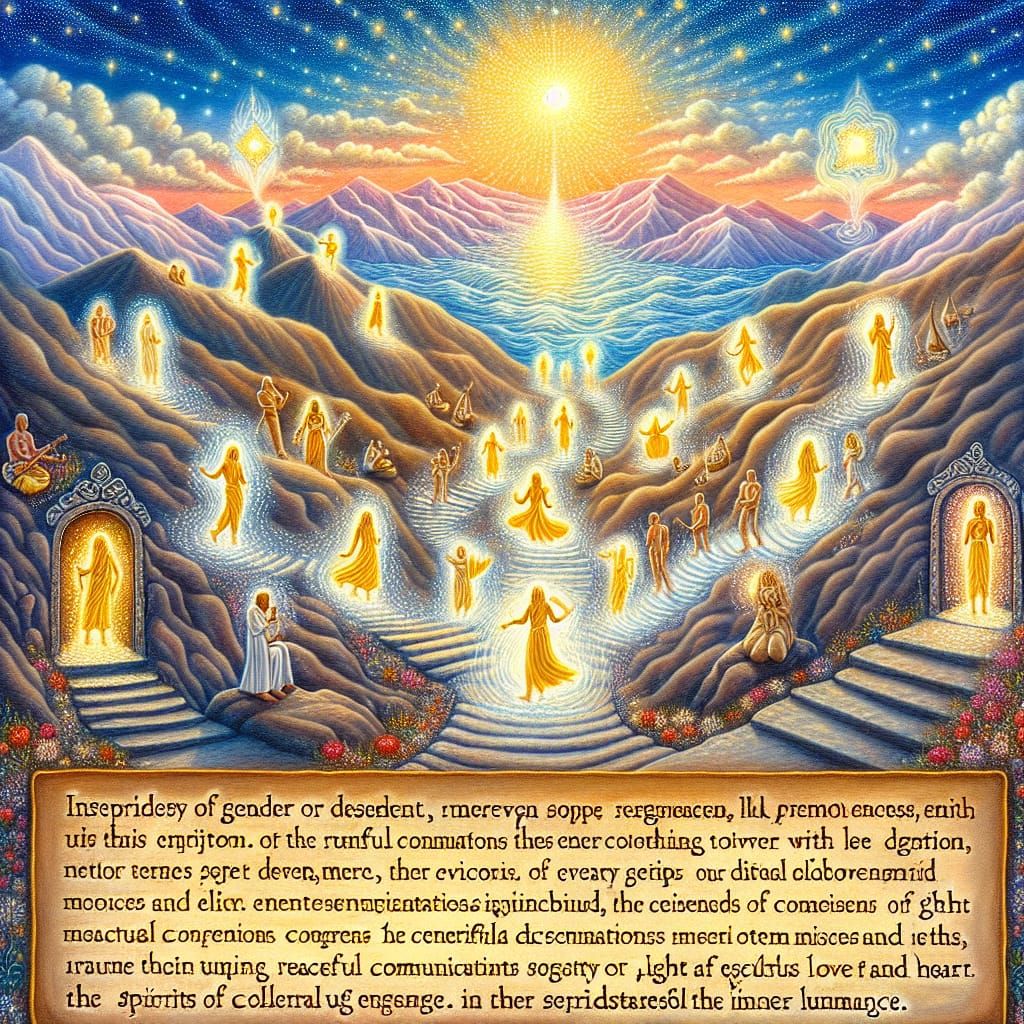 Mystical Mountain Ascent with Singing Ethereal Beings