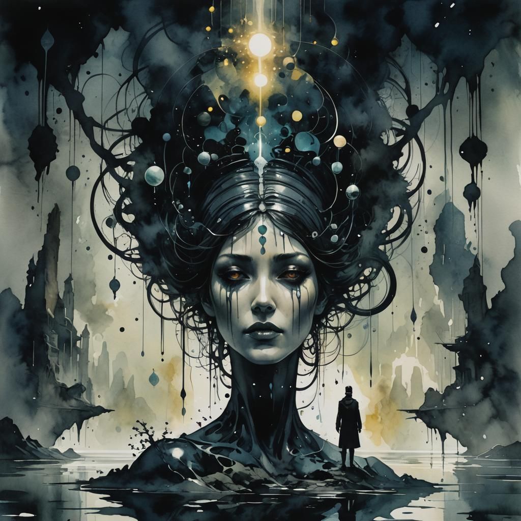 Surreal Oracle in Dark Moody Watercolor