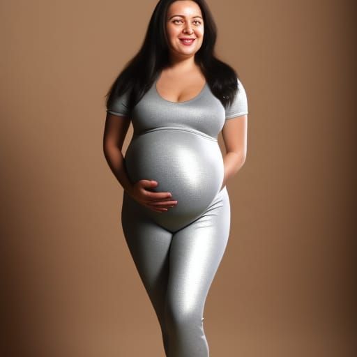 Futuristic Pregnant Figure in Silver Catsuit