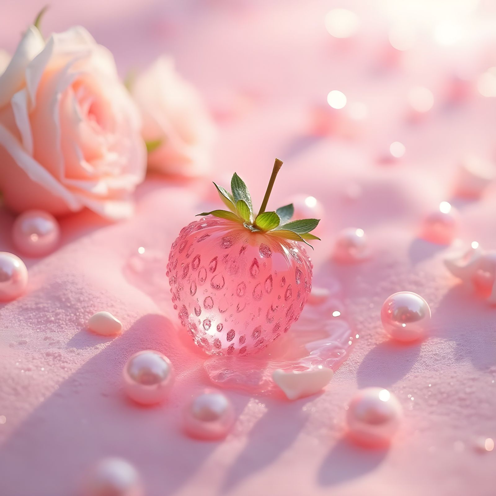 Pink Glass Strawberry Floating in Water with Pearls