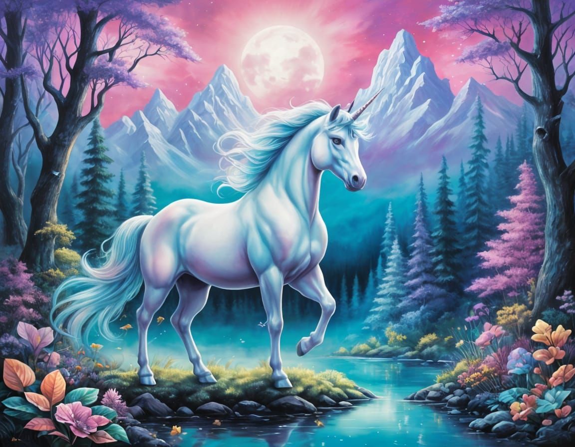 Enchanted Unicorn in Moonlit Forest: Airbrush Art
