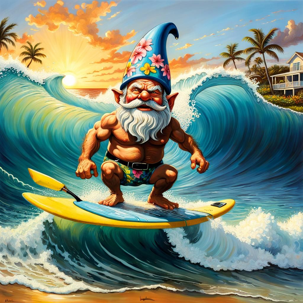 Gnome Rides Wave: Photorealistic Oil Painting