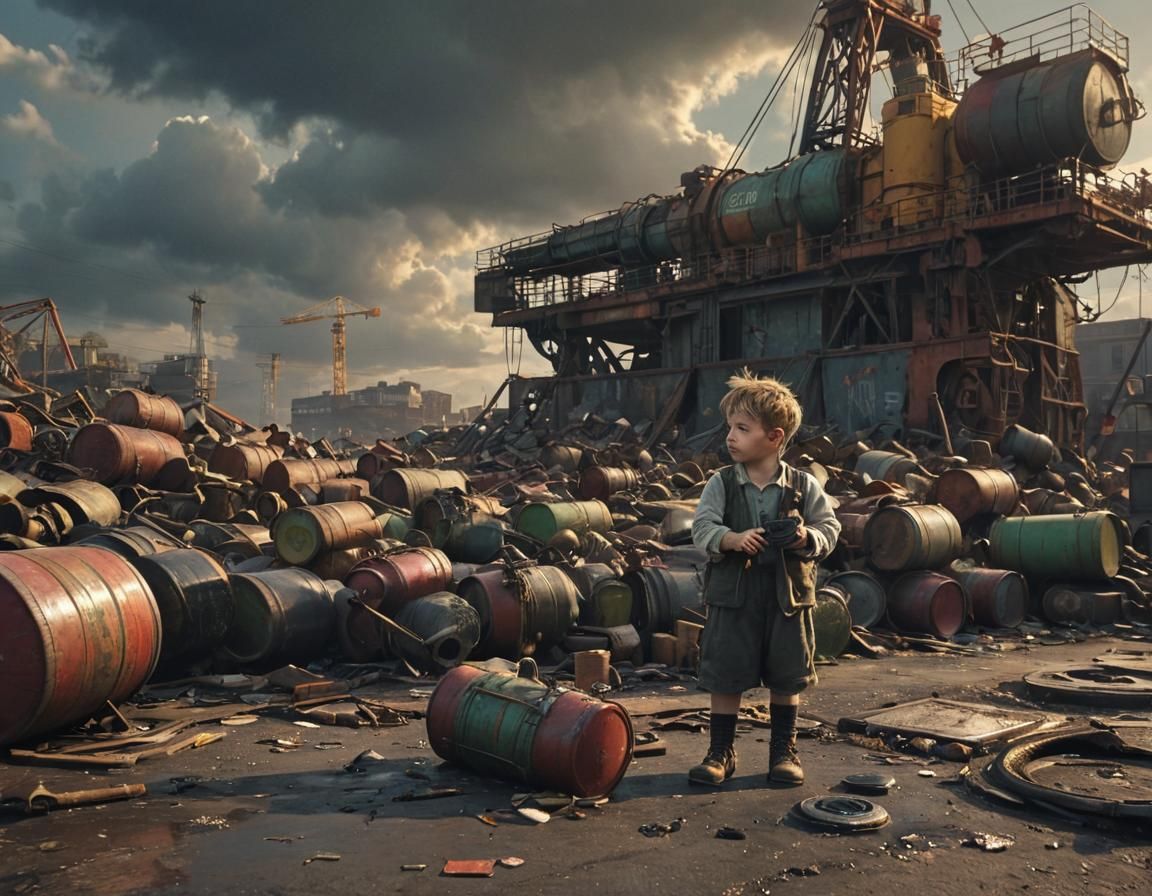 Dieselpunk Children Playing by Industrial Crane