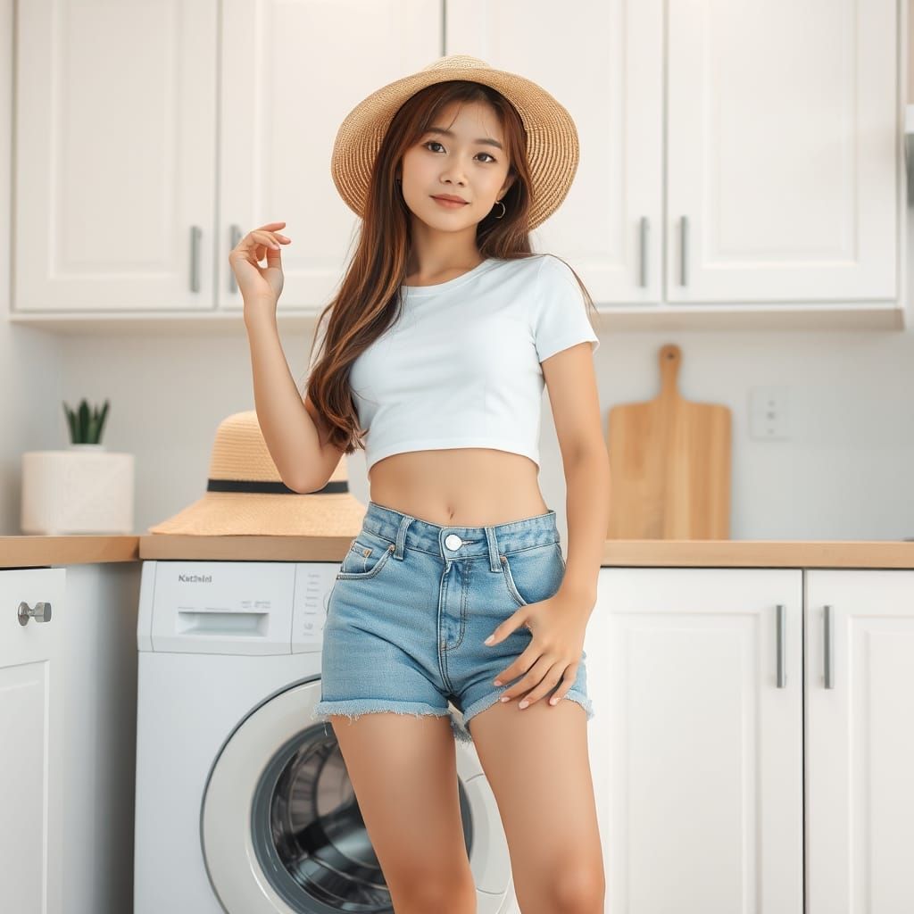 Japanese Girl Posing in Modern Kitchen