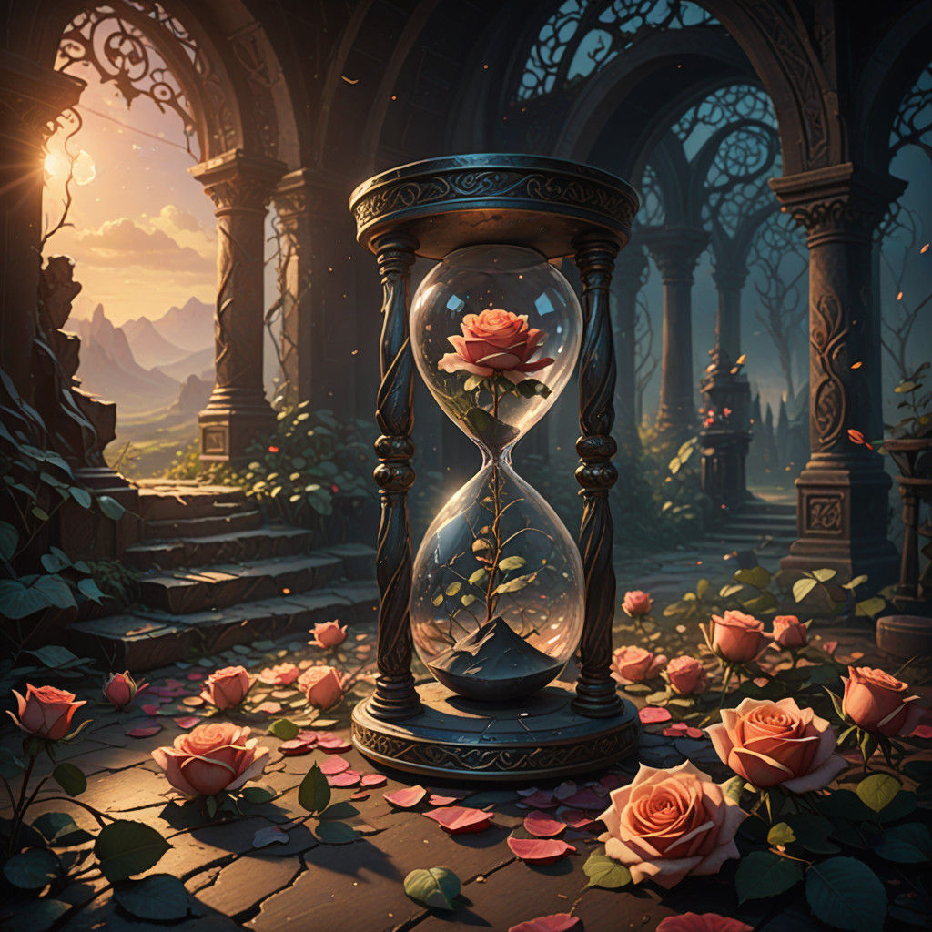 Golden Hour Glass Swirls with Roses in Dreamlike Fantasy Lan...