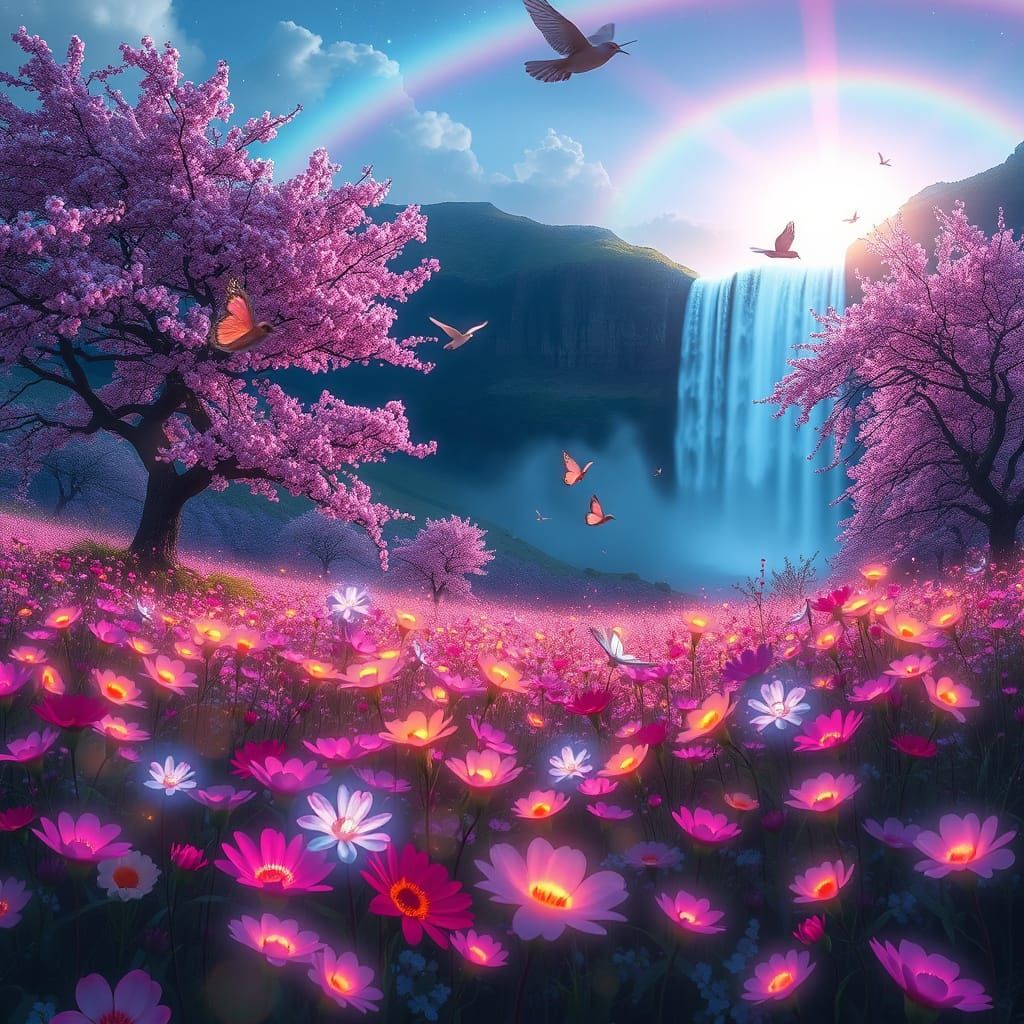 Bioluminescent Flower Field with Rainbow Waterfall