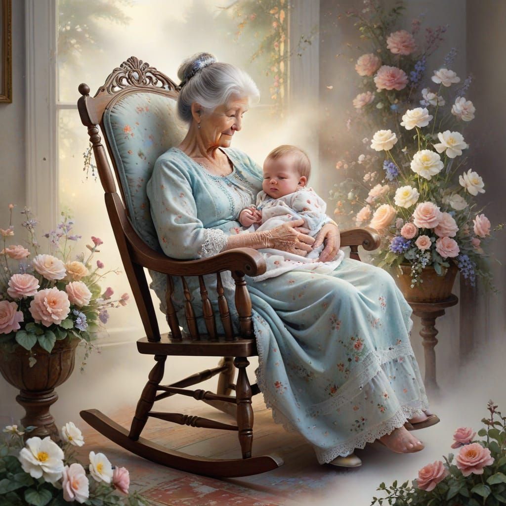 Ethereal Watercolour of Grandmother Holding Newborn