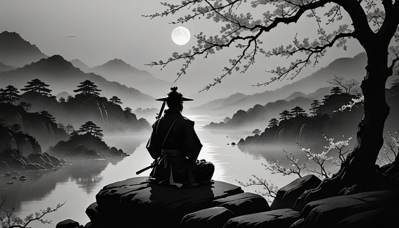 Samurai Meditation in Sumi-e Style Under Moonlight