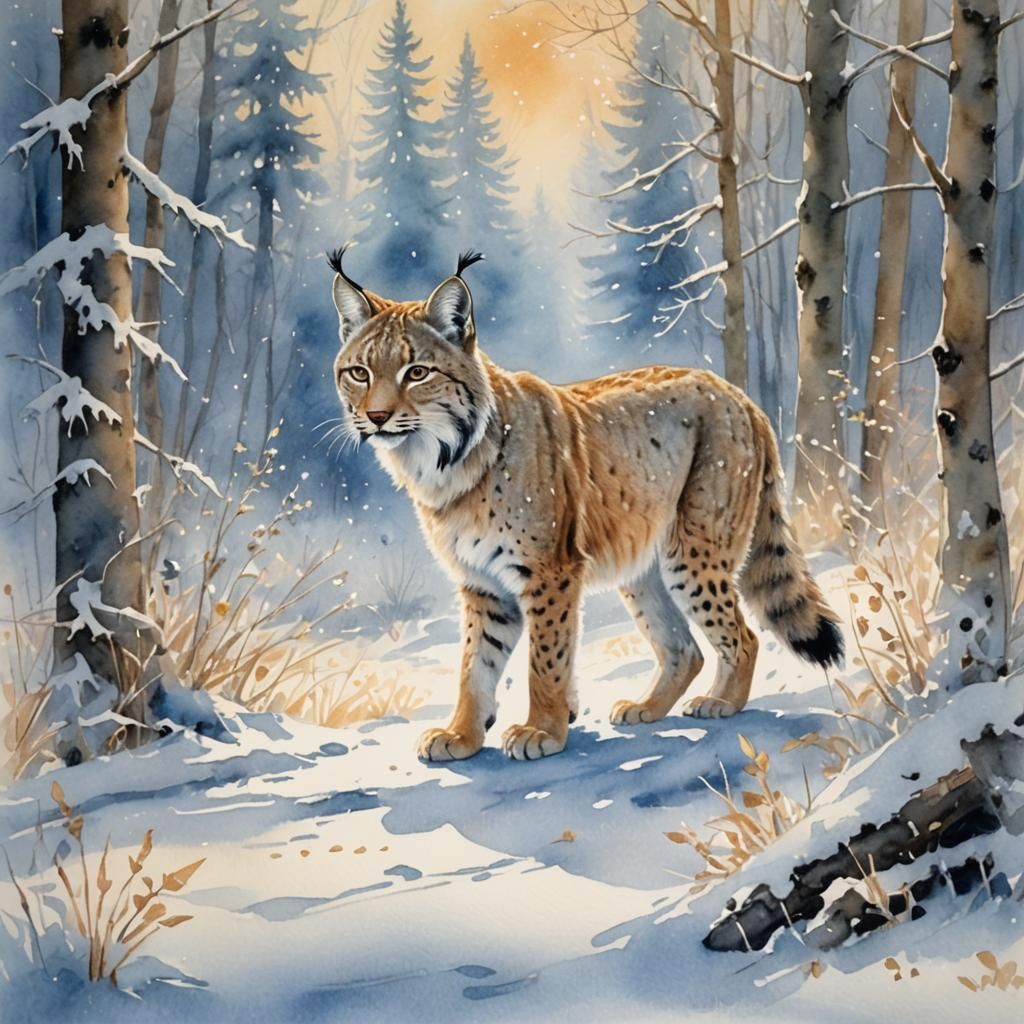 Lynx in Snow, Whimsical Watercolor Wildlife Art