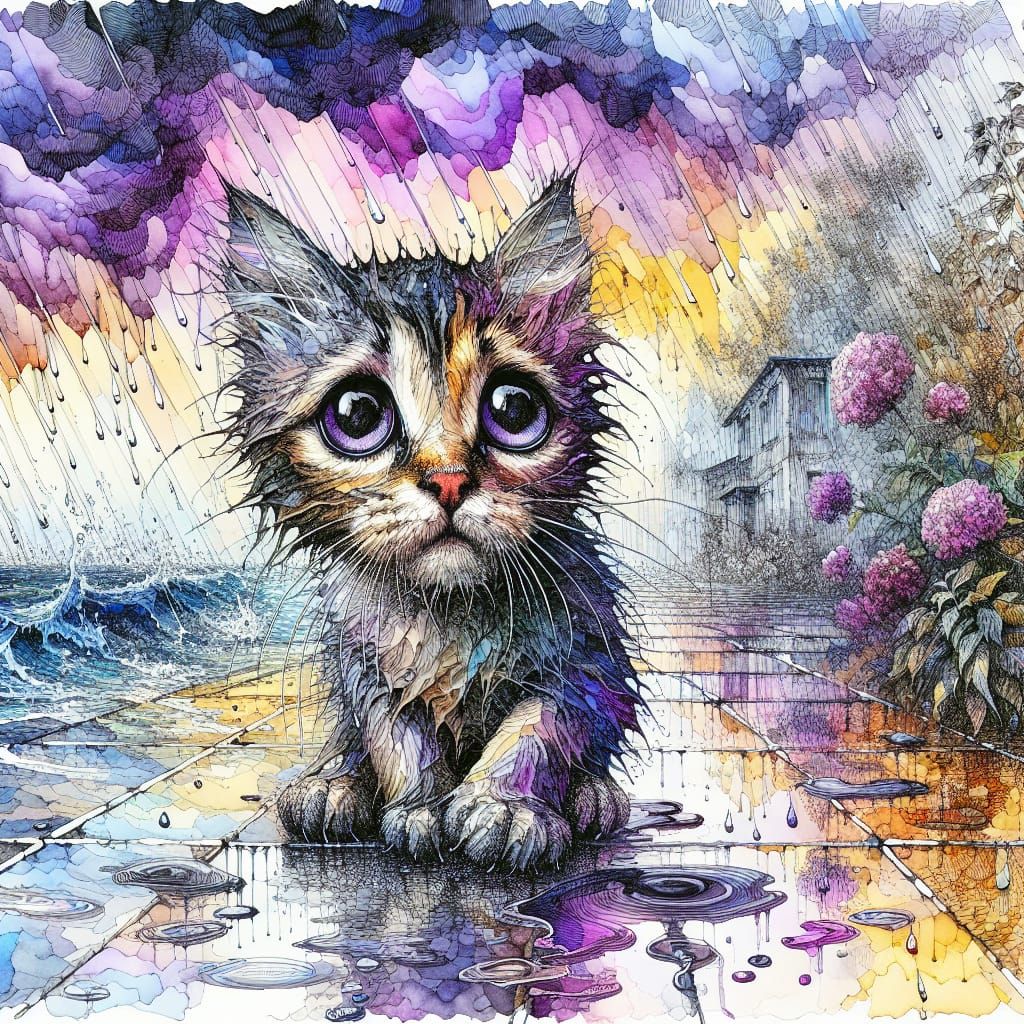 Whimsical Cat in Rainy Landscape Watercolor