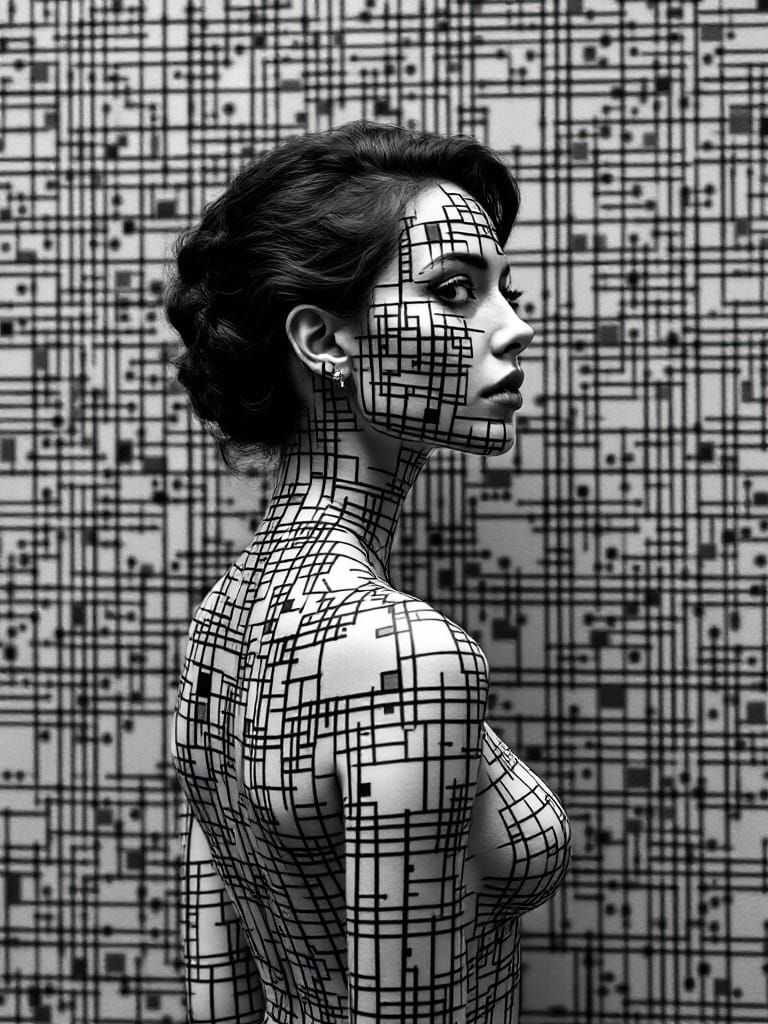 Woman's Geometric Body Art in Gritty Monochrome