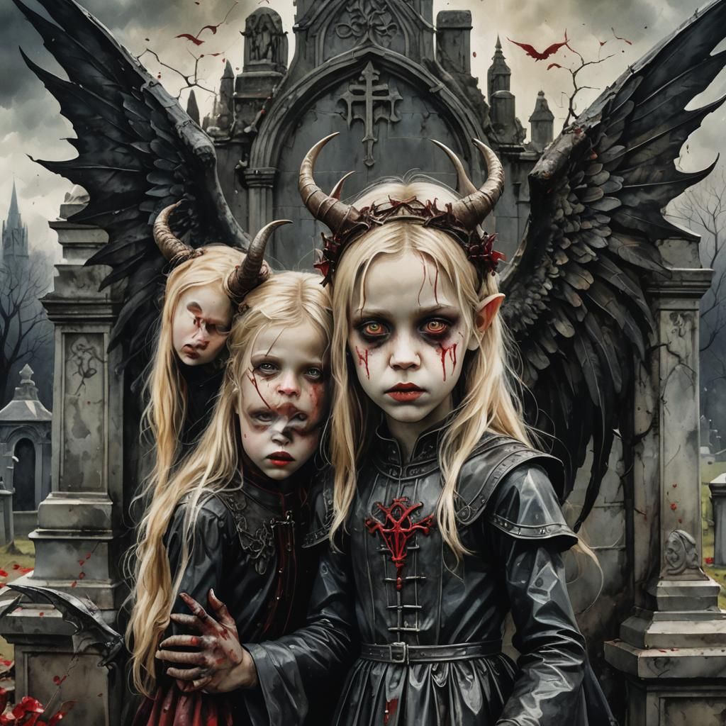 Close up Beautiful blonde Temptress children with horns and wings a cemetery playing
gothic ostentatious medieval sini...