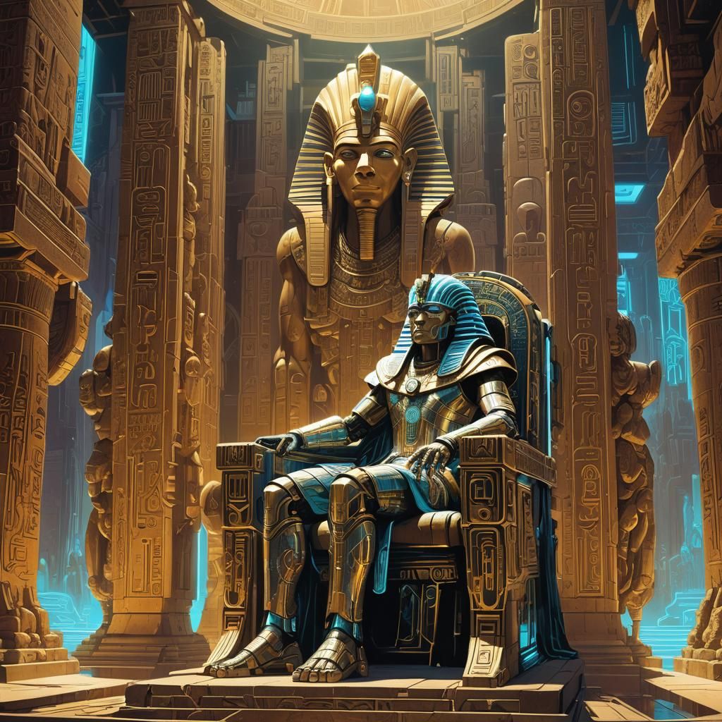 Cybernetic Pharaoh on Neon Lit Throne in Cyberpunk Style