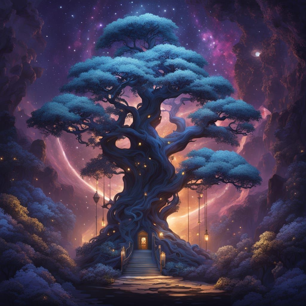 Cosmic Bonsai Tree with Victorian Cottages