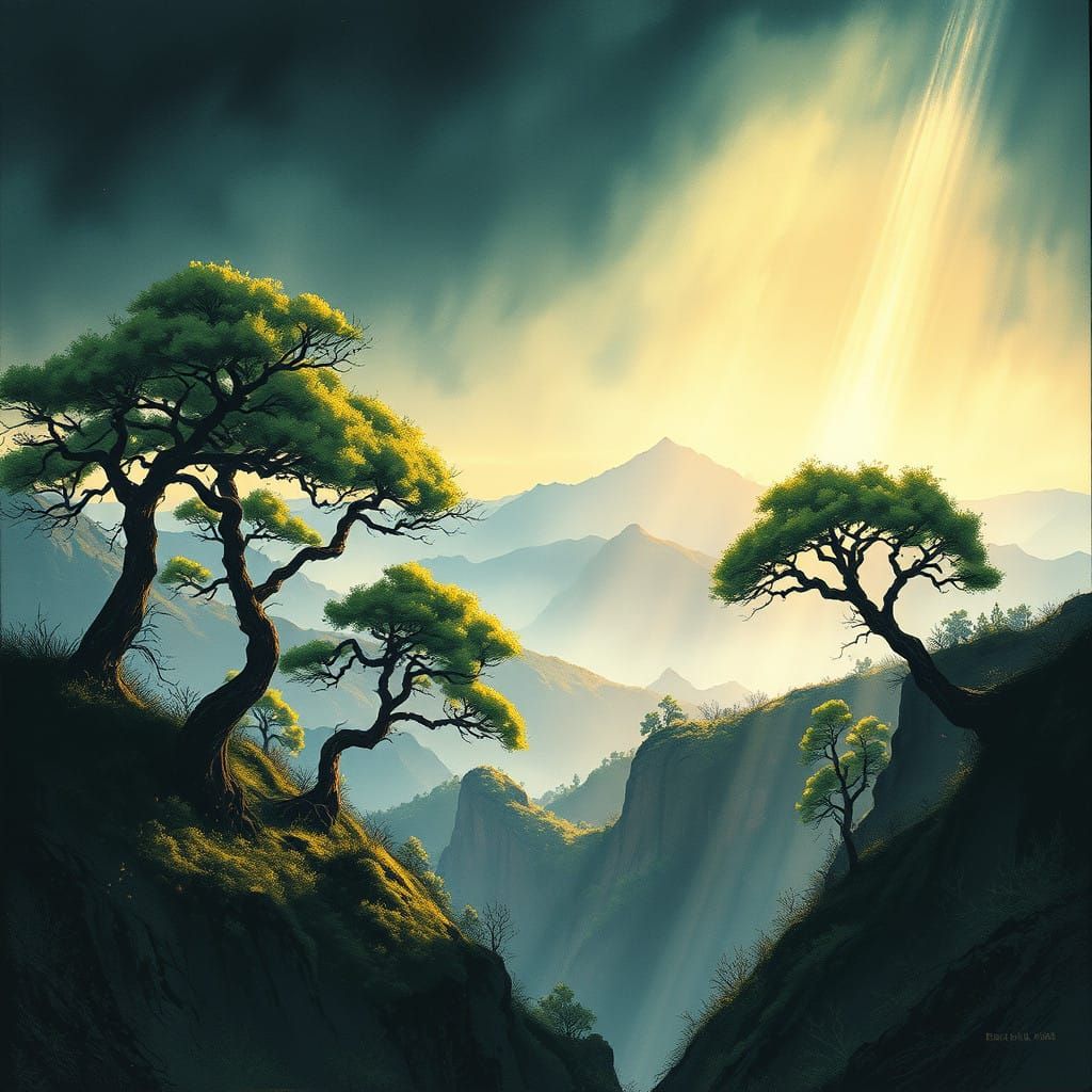 Dreamlike Landscape in Whimsical, Ink-Infused Style