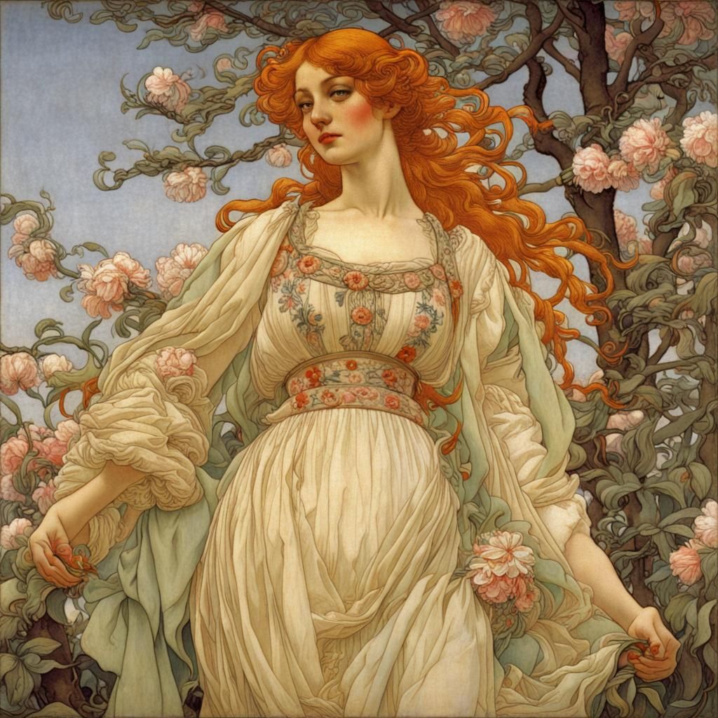 Spring Woman in Embroidered Dress, Art Nouveau Style