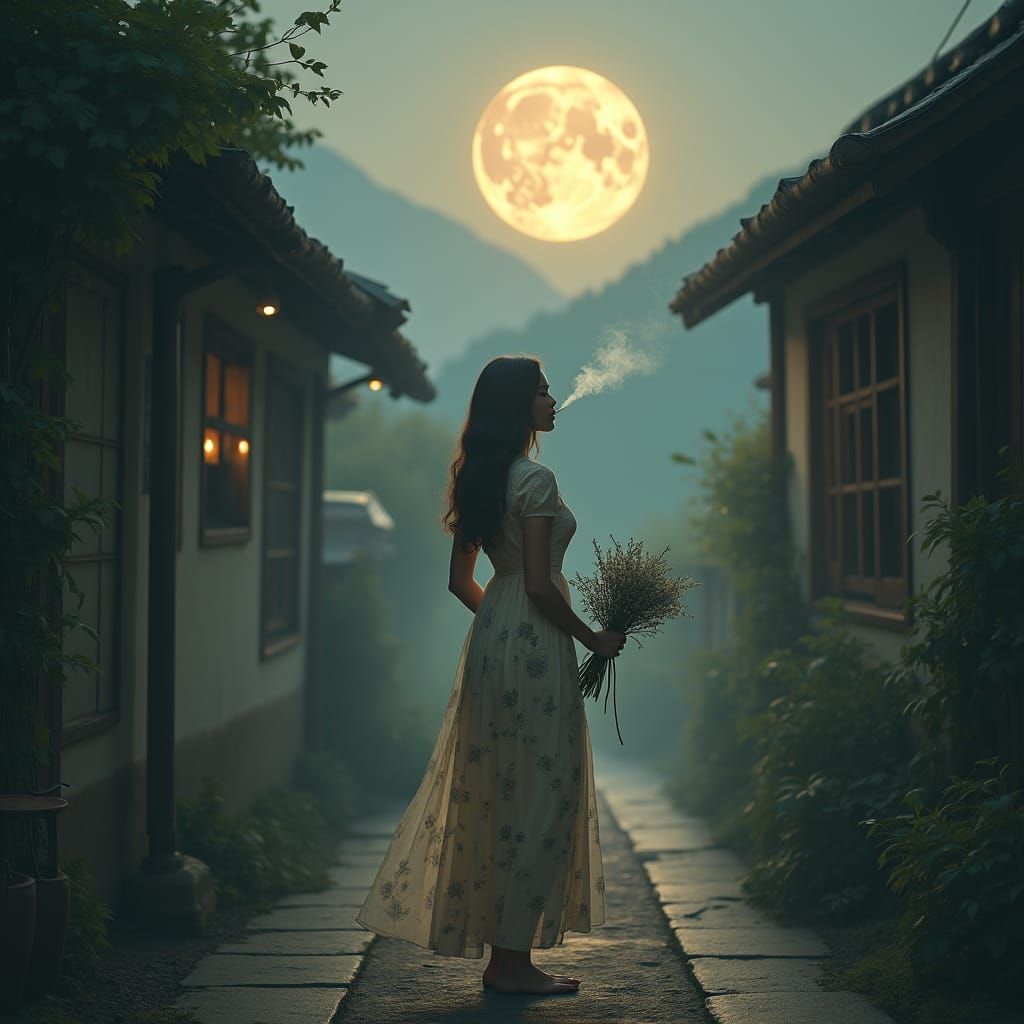 Woman with Bouquet in Misty Alleyway