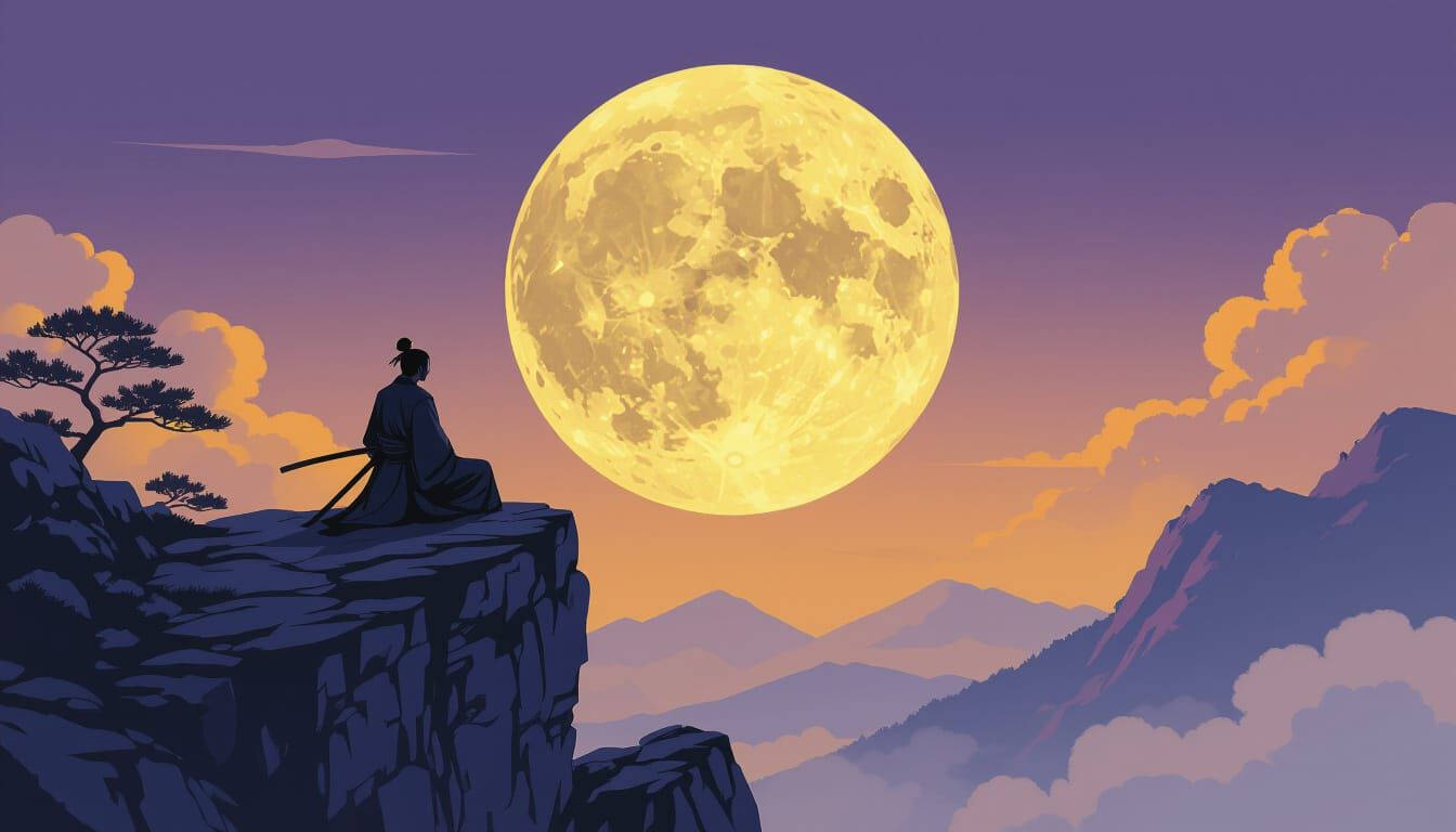 Samurai Contemplation in Sumi-e Style Under Moonlight