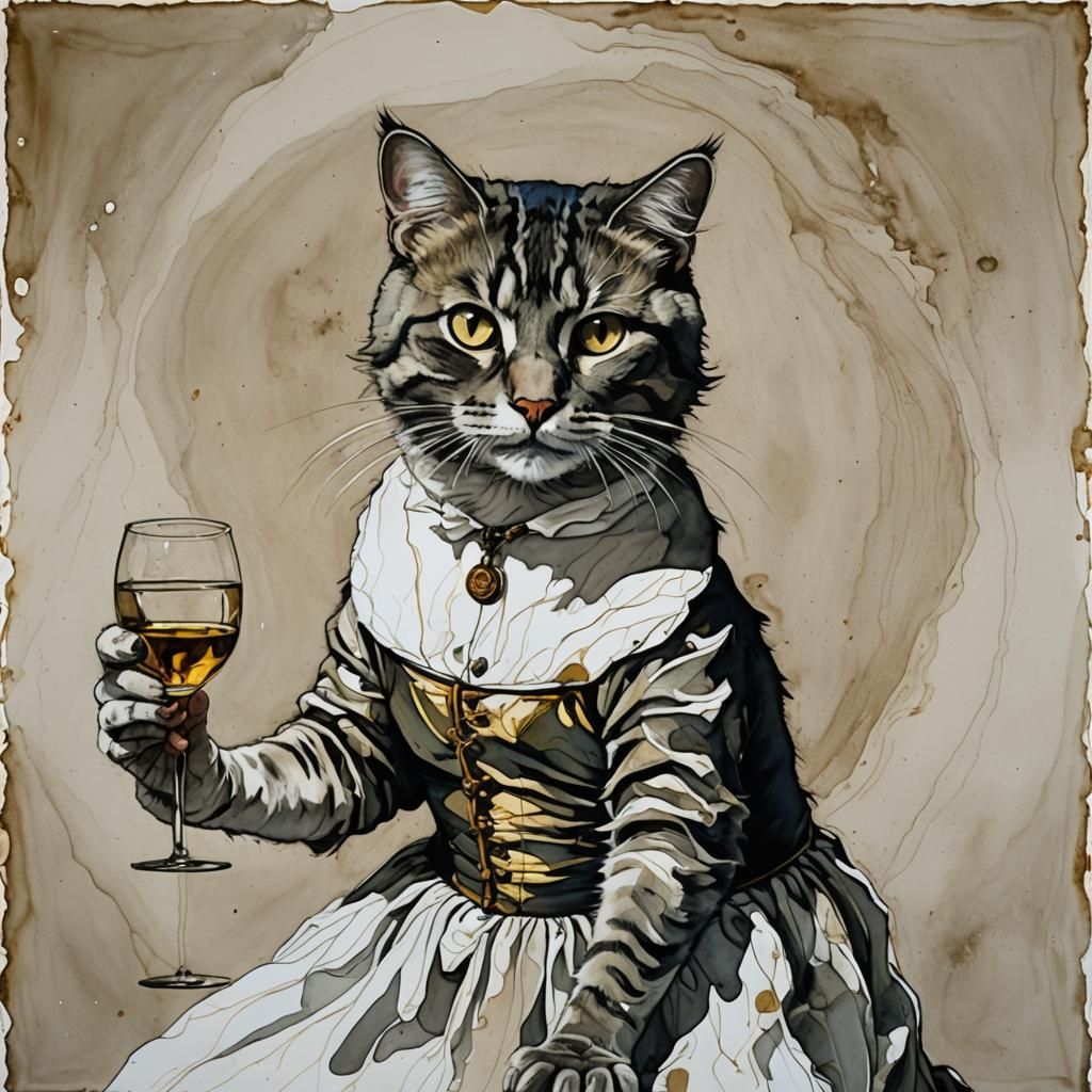 Self-Portrait with Cat in Alcohol Ink Style