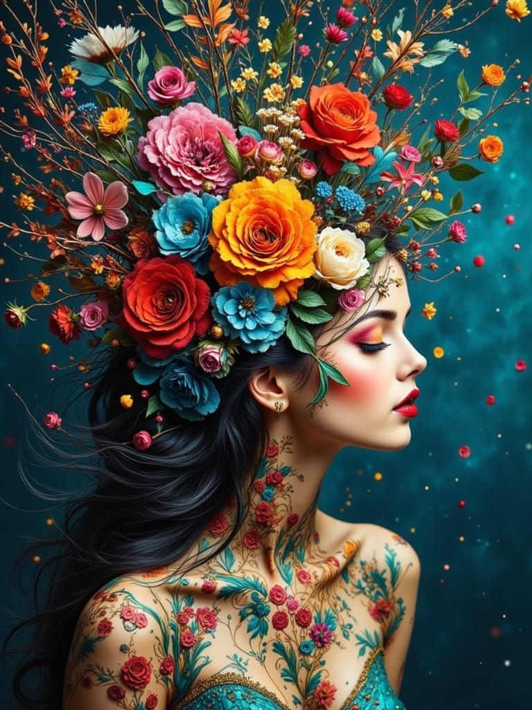 Surreal Floral Explosion Featuring a Captivating Woman